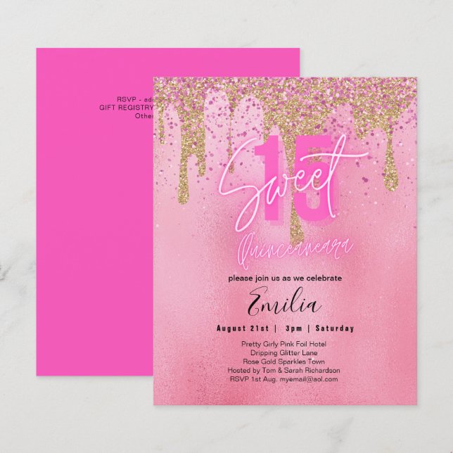 Budget Sweet 15 Pink Glitter Foil Quinceanera Glam (Front/Back)