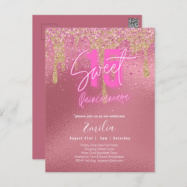 Budget Sweet 15 Pink Glitter Foil Quinceanera Glam Postcard