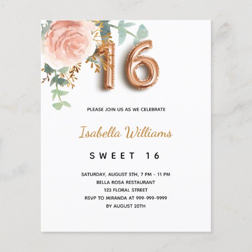 Budget Sweet 16 16th floral rose gold eucalyptus