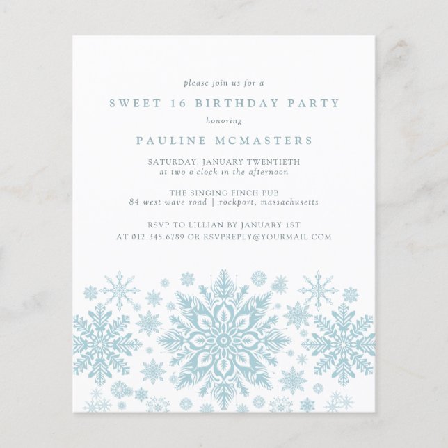 BUDGET Sweet 16 Birthday Blue Snowflake Invitation (Front)