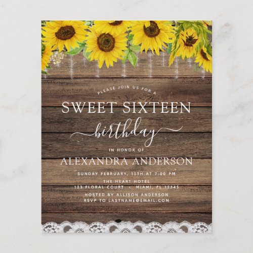 Budget Sweet 16 Birthday Sunflower Invitation Flyer