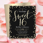 Budget Sweet 16 Black Gold Glitter Chic Invitation<br><div class="desc">“Happy Sweet 16”. Send out this stunning, sparkly, girly, festive, modern, personalized, custom budget party invitation for an event to remember. Gold glitter script typography and confetti overlay a black background. A brushed gold foil background is on the back. Personalize the custom text with your daughter’s name as well as...</div>