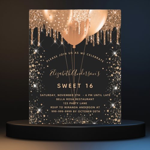 Budget Sweet 16 black gold glitter dust balloons