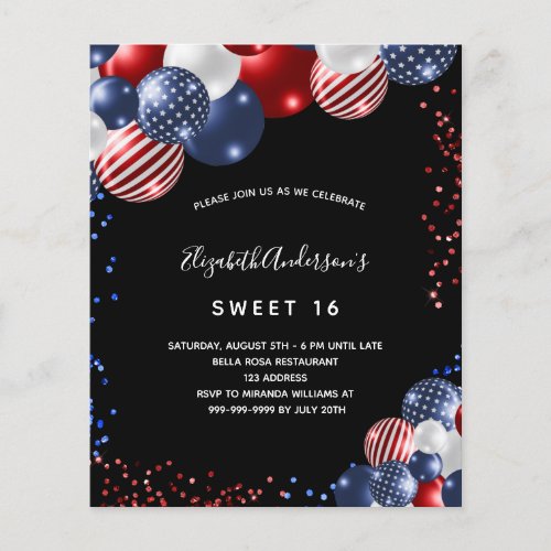 Budget Sweet 16 black patriotic invitation