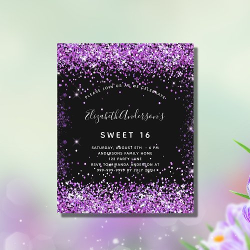 Budget Sweet 16 black purple glitter invitation