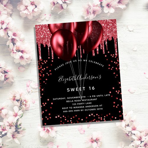 Budget Sweet 16 black red glitter invitation