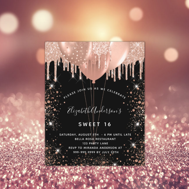 Budget Sweet 16 black rose gold balloon invitation