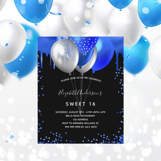 Budget Sweet 16 black royal blue invitation (Creator Uploaded)