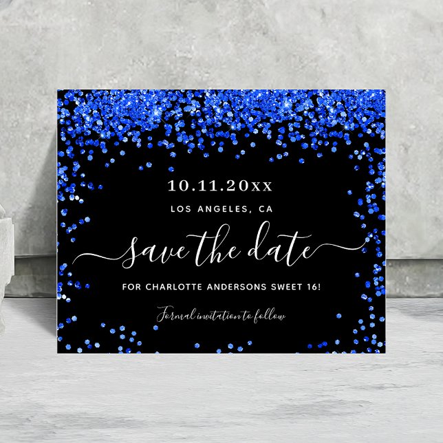 Budget Sweet 16 black royal blue save the date (Creator Uploaded)