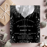Budget Sweet 16 black silver balloons invitation<br><div class="desc">A stylish black background. Decorated with faux silver glitter and balloons.  Personalize and add a name,  age and party details. The name is written with a hand lettered style script</div>