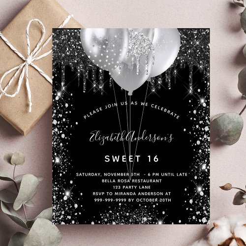 Budget Sweet 16 black silver balloons invitation