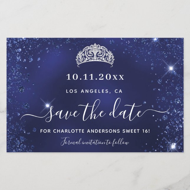 Budget Sweet 16 blue glitter dust save date (Front)