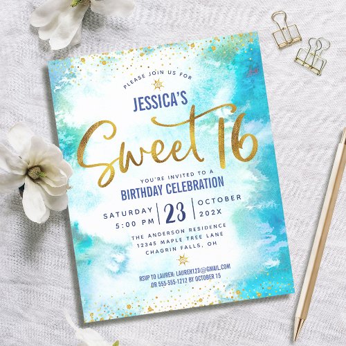 Budget Sweet 16 Blue Watercolor Gold Script Invite