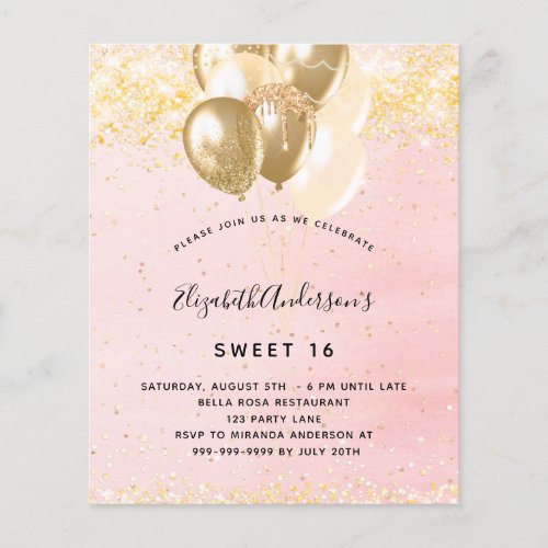 Budget Sweet 16 blush gold balloons invitation