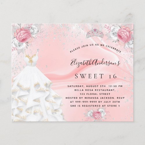 Budget Sweet 16 blush pink dress tiara invitation