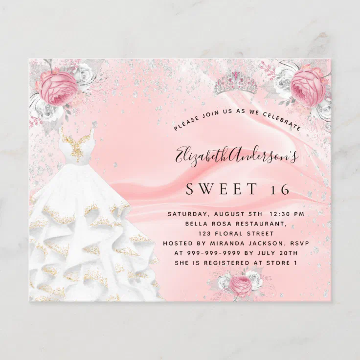 Budget Sweet 16 blush pink glitter dress tiara Zazzle