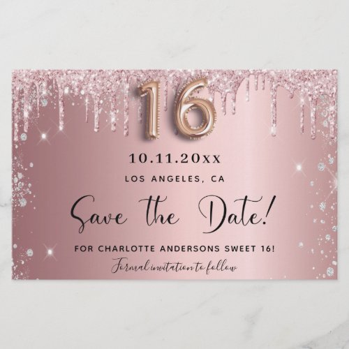 Budget Sweet 16 blush pink glitter save the date