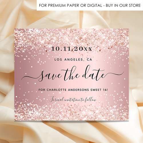 Budget Sweet 16 blush pink glitter save the date