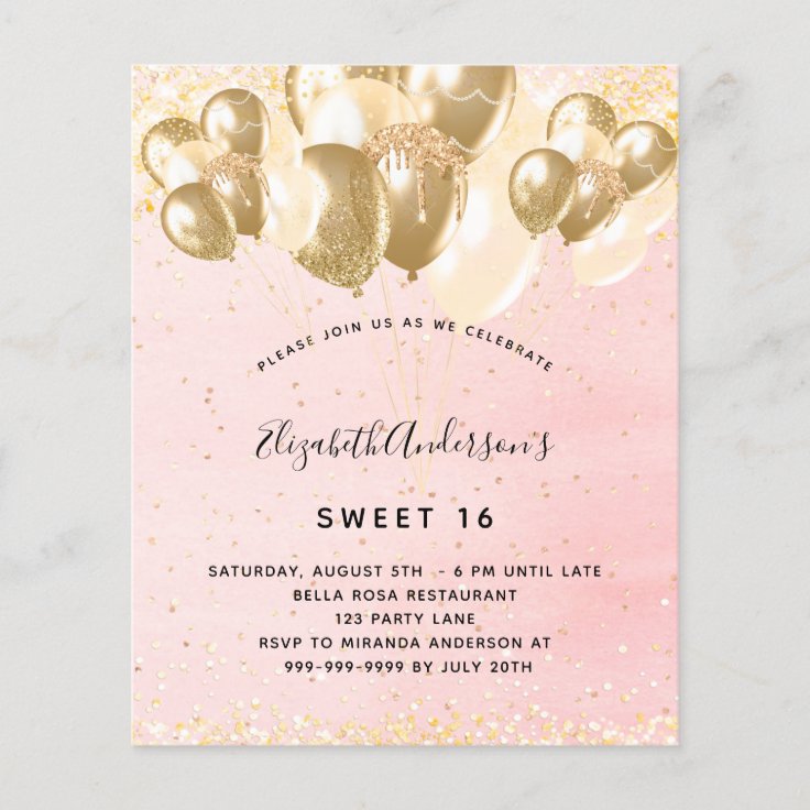 Budget Sweet 16 blush pink gold glitter balloons | Zazzle