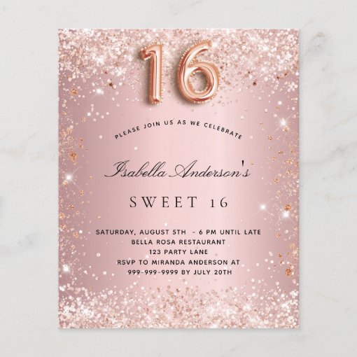 Budget Sweet 16 blush pink rose gold glitter dust | Zazzle