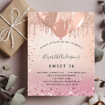 Budget Sweet 16 blush pink rose gold invitation<br><div class="desc">A rose gold and blush pink gradient background. Decorated with rose gold,  pink faux glitter drips,  paint dripping look and balloons.  Personalize and add a name and party details. The name is written with a hand lettered style script</div>