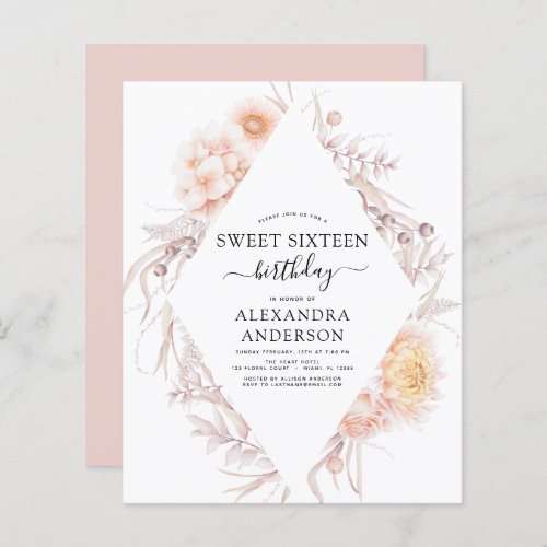 Budget Sweet 16 Boho Dusty Pink Floral Birthday