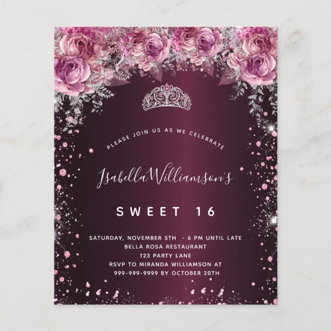 Budget Sweet 16 burgundy pink glitter floral tiara (Front)