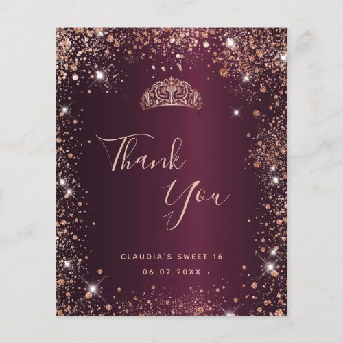 Budget sweet 16 burgundy rose gold thank you card