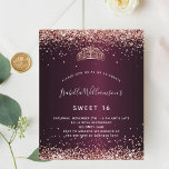 Budget Sweet 16 burgundy rose gold tiara<br><div class="desc">For an elegant Sweet 16,  16th birthday.  A burgundy  faux metallic looking background color. Decorated with rose gold faux glitter dust and a tiara,  crown. Personalize and add a name,  age and party details. The name is written with a hand lettered style script</div>