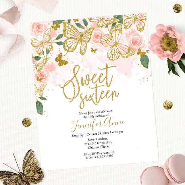 Budget Sweet 16 Butterfly Invitation Blush Floral