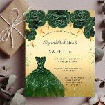 Budget Sweet 16 emerald green gold dress floral<br><div class="desc">A modern,  stylish and glamorous invitation for a Sweet 16,  16th birthday party.  A faux gold background with green faux glitter dust,  an emerald green dress and green roses,  florals.  The name is written with a modern hand lettered style script.  Personalize and add your party details.</div>