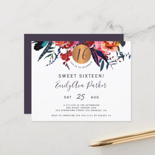 Budget Sweet 16 floral birthday party invitation