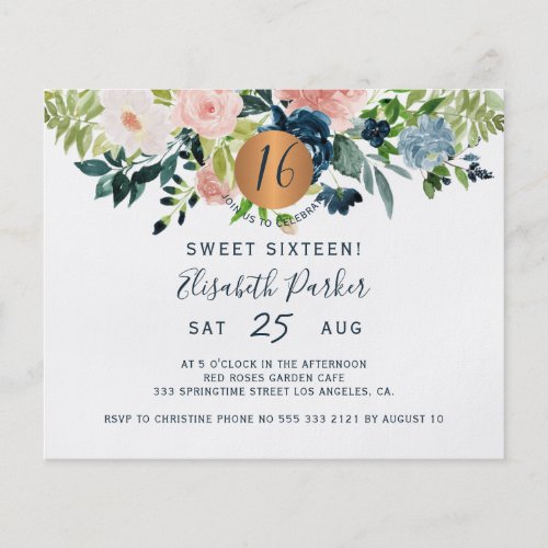 Budget Sweet 16 floral birthday party Invitation Flyer