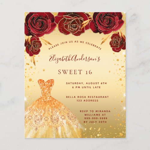 Budget Sweet 16 gold red glitter dress invitation