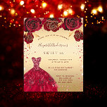 Budget Sweet 16 gold red glitter dress invitation<br><div class="desc">A modern,  stylish and glamorous invitation for a Sweet 16,  16th birthday party.  A faux gold background with faux gold glitter dust,  a dress and red roses,  florals.  The name is written with a modern hand lettered style script.  Personalize and add your party details.</div>