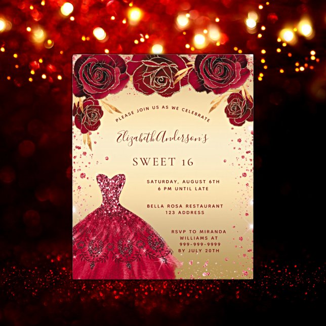 Budget Sweet 16 gold red glitter dress invitation