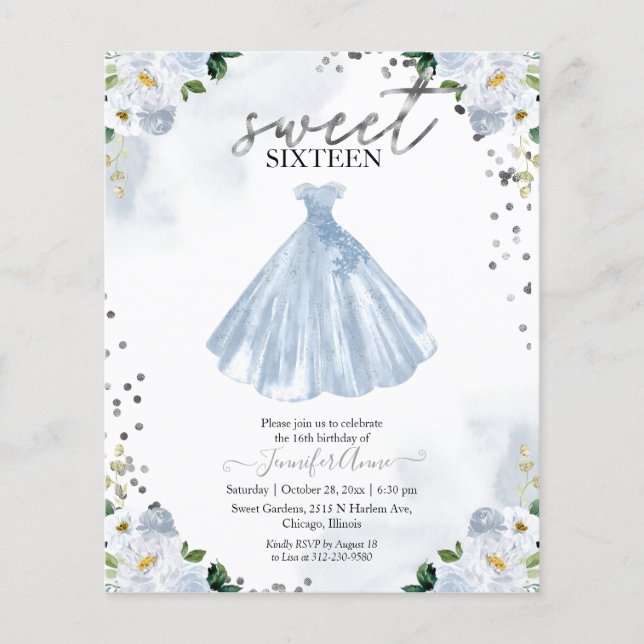 Budget Sweet 16 Invitation Blue Floral Dress (Front)