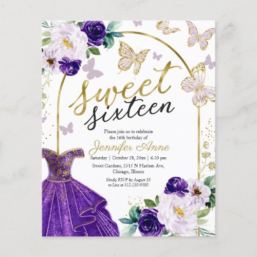 Budget Sweet 16 Invitation Floral Dress Butterfly