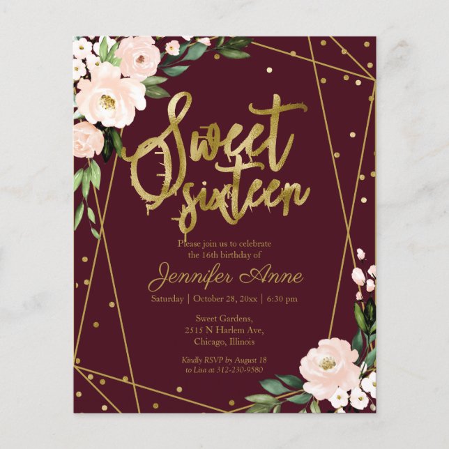 Budget Sweet 16 Invitation Gold Burgundy Floral (Front)