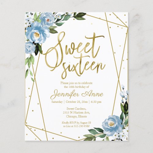 Budget Sweet 16 Invitation Gold Dusty Blue Floral