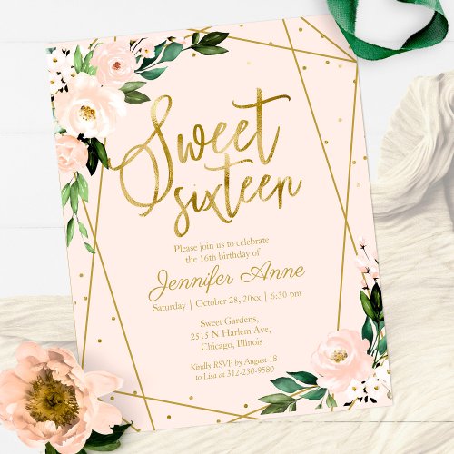 Budget Sweet 16 Invitation Gold Pink Blush Floral