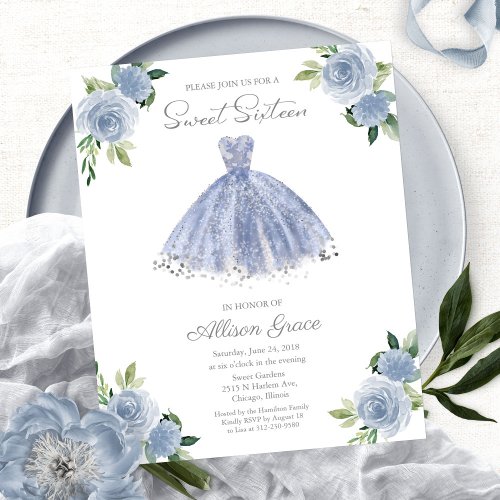 Budget Sweet 16 Invitation Silver Dusty Blue Gown