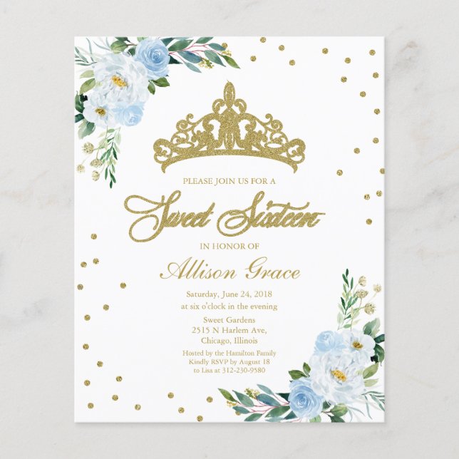 Budget Sweet 16 Invitation Tiara Dusty Blue Floral (Front)