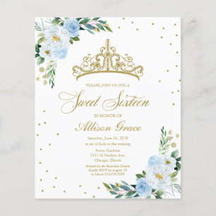 Budget Sweet 16 Invitation Tiara Dusty Blue Floral