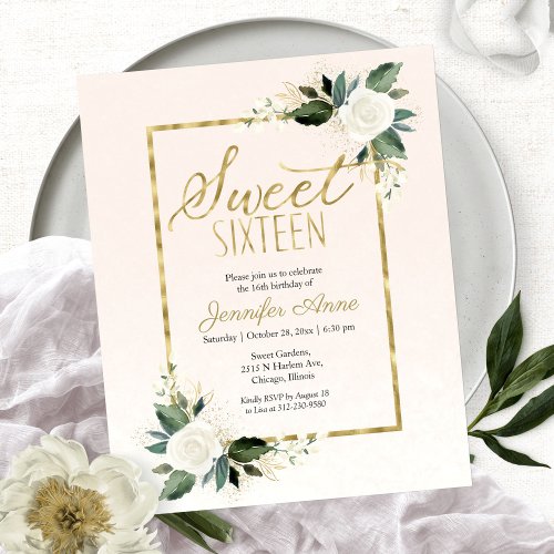 Budget Sweet 16 Invitation White Blush Floral