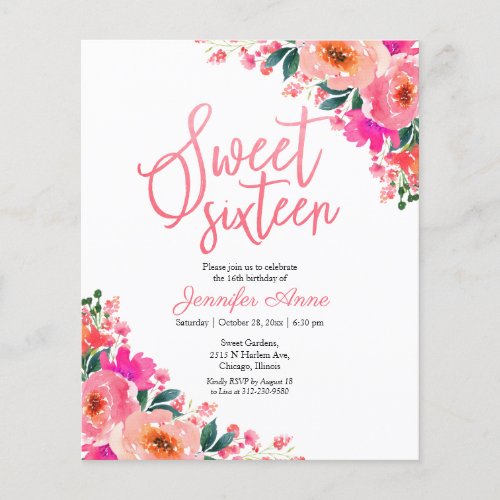 Budget Sweet 16 Invitations Hot Pink Floral