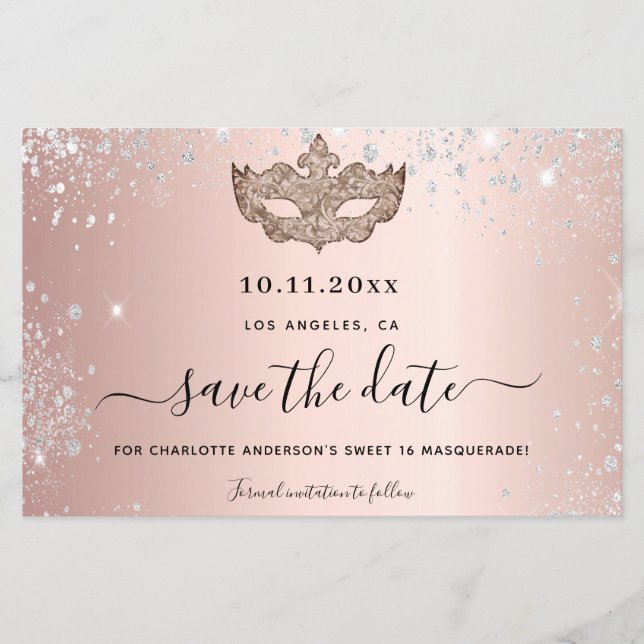 Budget Sweet 16 masquerade rose gold save the date (Front)