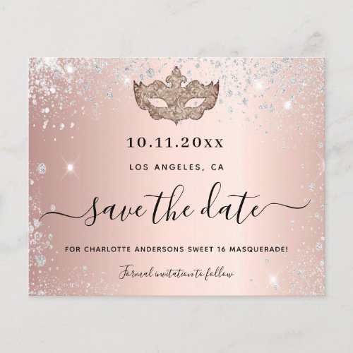 Budget Sweet 16 masquerade rose gold save the date