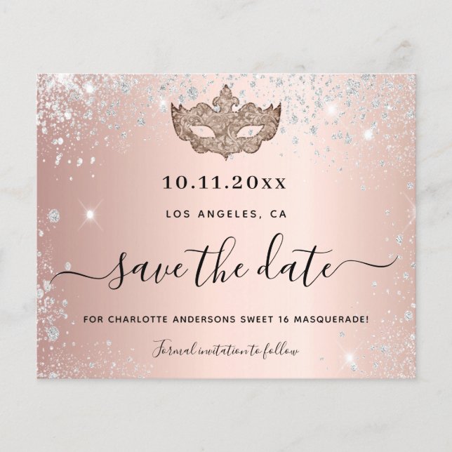 Budget Sweet 16 masquerade rose gold save the date (Front)