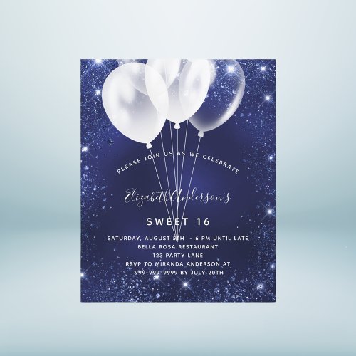 Budget Sweet 16 navy blue balloon invitation